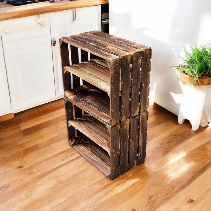 Teramico Holzkisten Obstkisten Weinkisten geflammt dunkel 50 x 40 x 30cm in tollen Set-Angeboten als