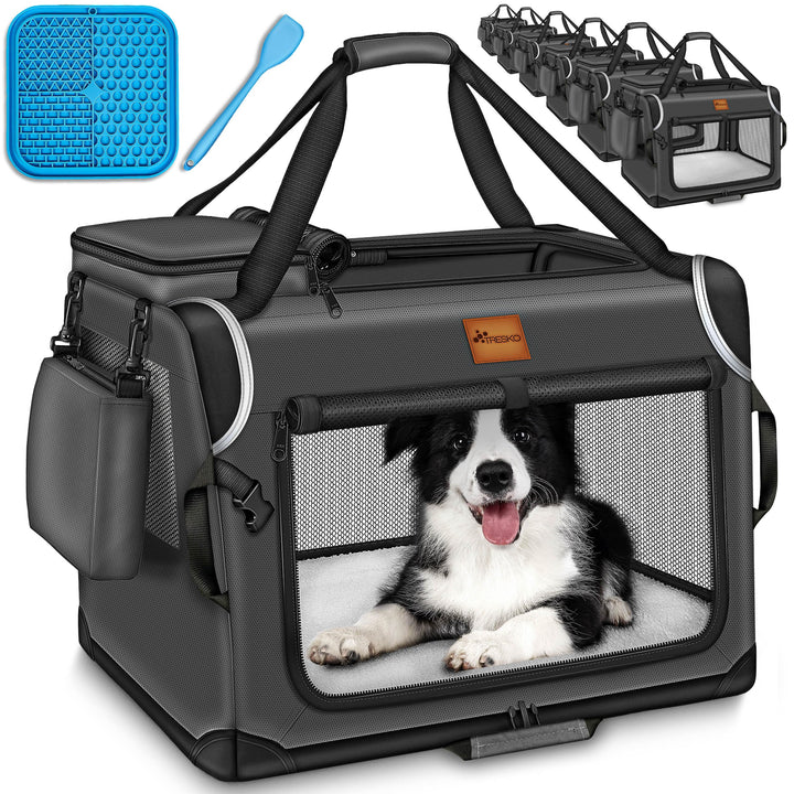 TRESKO® Hundebox faltbar inkl. Leckmatte, Spatel & Reflektoren S 50x34x34cm | Transportbox für Hunde