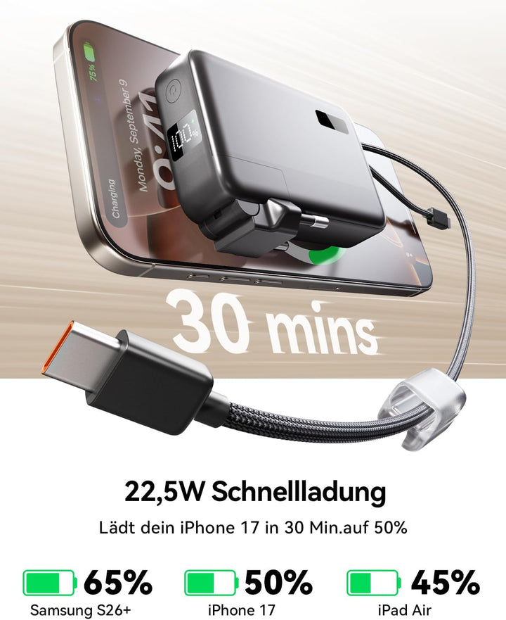 Power Bank 10000mAh, Powerbank für iPhone mit Integriertem Klappbaren EU-Stecker & Robuste USB-C & i