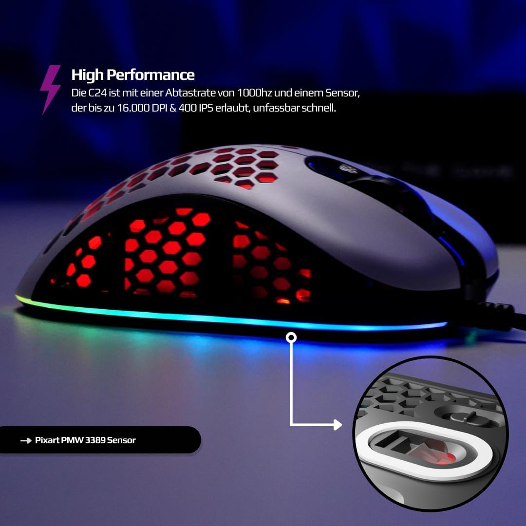 Nyfter - Nyf C24 Wired Gaming Mouse PC Maus mit Kabel RGB Ultra-Lightweight 63g 16.000 DPI 1.8m Para