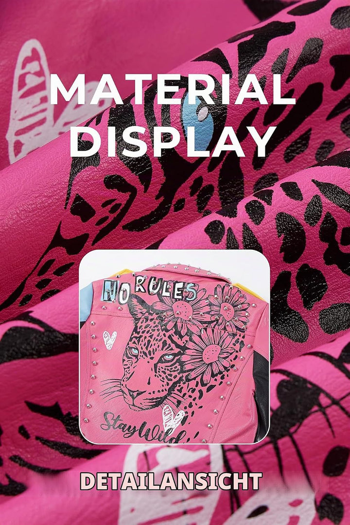 Giolshon Damen Kunstleder Jacke Nieten Floral Moto Biker Kurzer Revers Mantel XL 0375_Rosa, XL 0375_