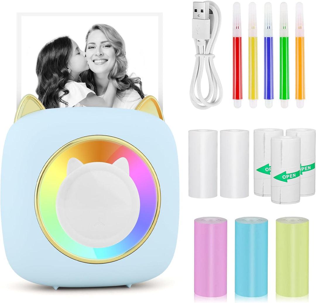 GuKKK Mini Drucker, Mobiler Fotodrucker, Tragbarer Mini Fotodrucker mit Sieben Farben LED, Wireless