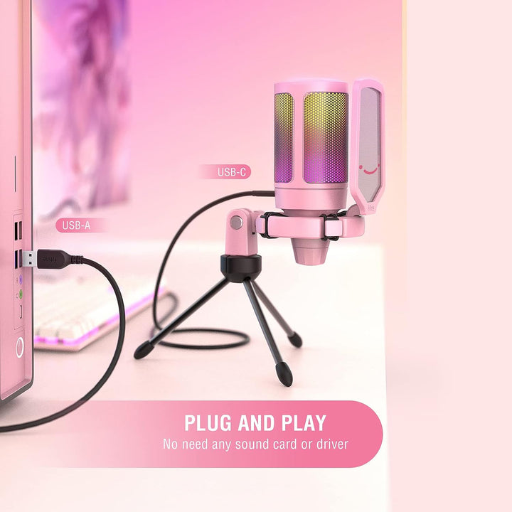 FIFINE Gaming Mikrofon PC, USB Microphone für PS4 PS5 Mac, mit Mikrofon Ständer, Stummschalttaste, P