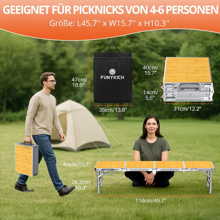 FUNYKICH Kleiner Klappbarer Campingtisch 116x40x26cm, Tragbar Picknicktisch mit dicker Aluminium Rah