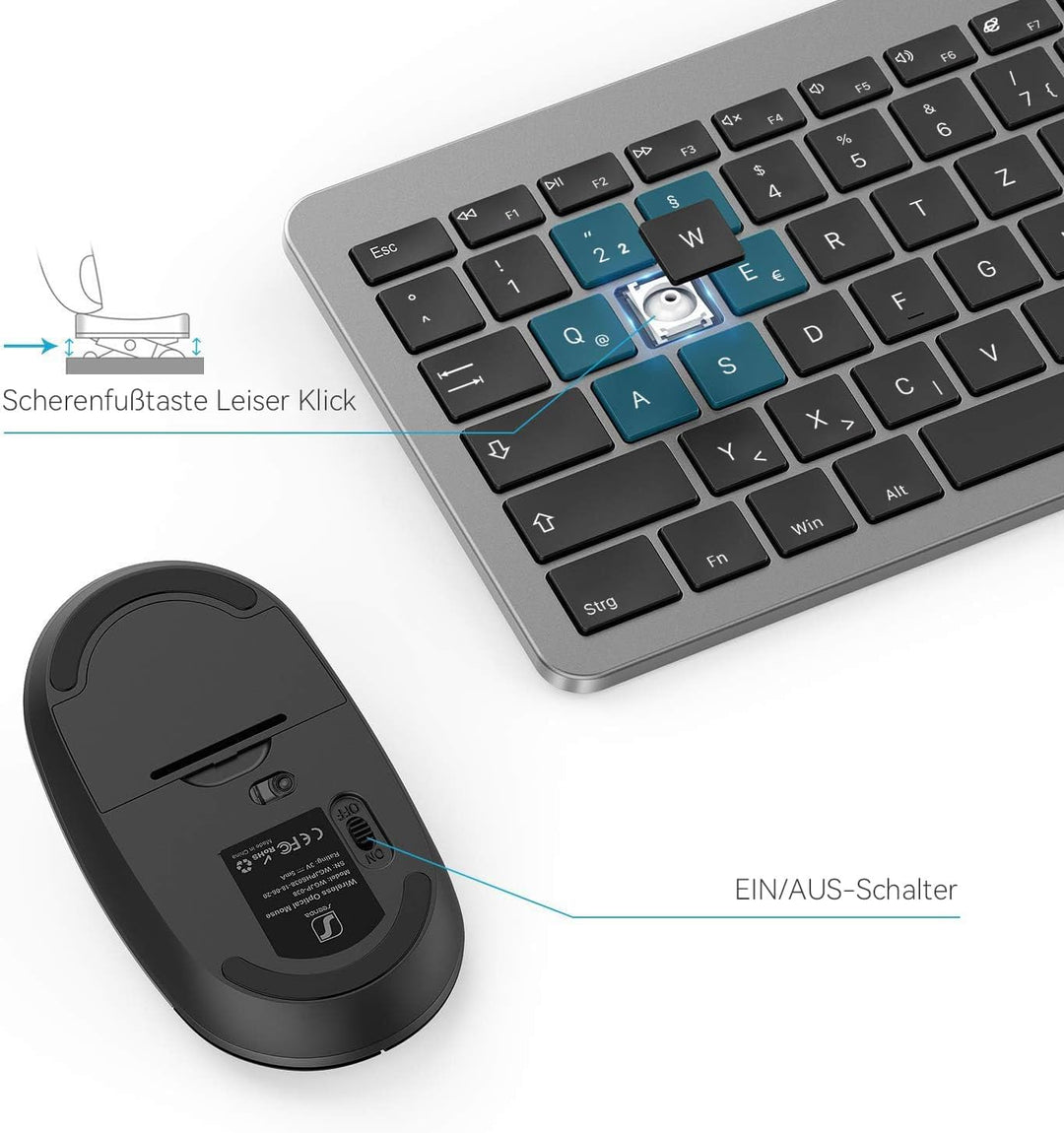 Tastatur Maus Set Kabellos, seenda Ultra-Dünne Wiederaufladbare Funktastatur mit Maus, Ergonomische