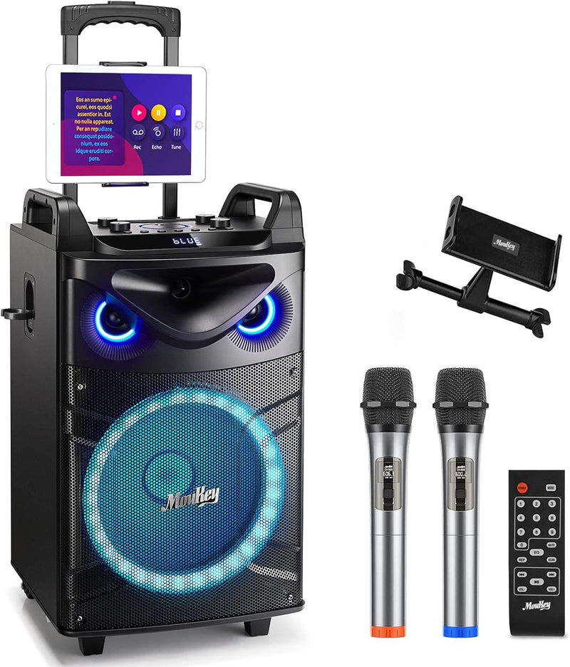 Moukey Karaoke Maschine mit 2 drahtlosen Mikrofonen, Bluetooth Lautsprecher Tragbares Karaoke Anlage