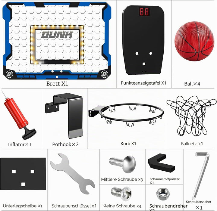 TEMI Indoor Basketball Reifen für Kinder, LED Licht Tür Basketballkorb, Mini Basketballbrett mit ele