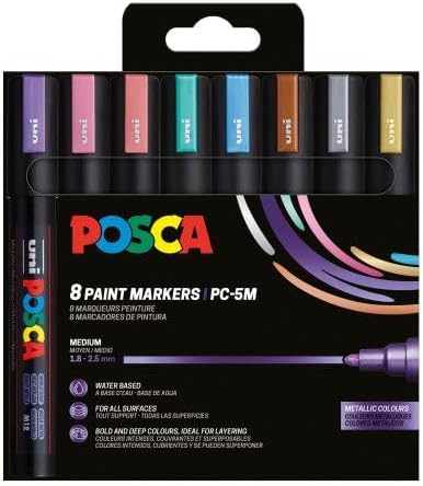 POSCA uni-ball 182520 - POSCA Marker mit mittelfeiner Rundspitze, 8er Set, Metallic Metallfarben 8 S