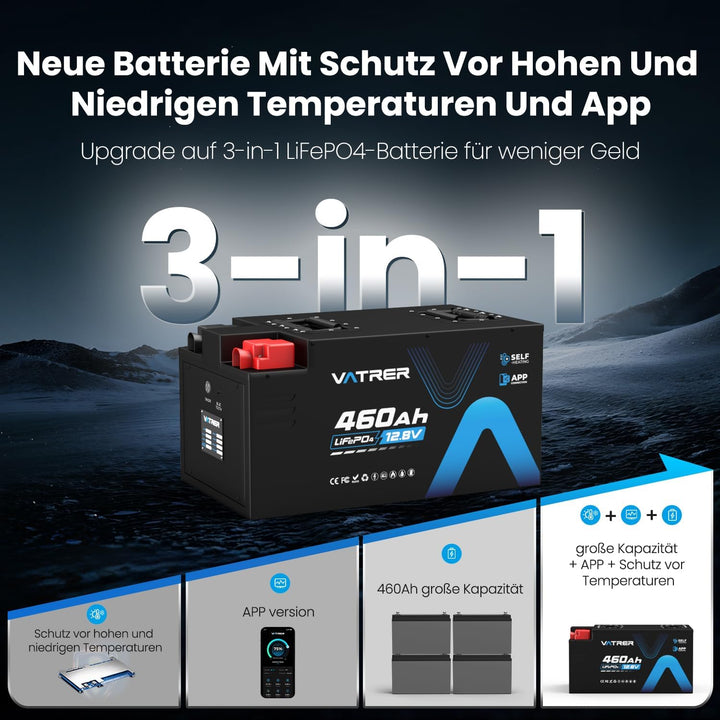 VATRER POWER 12V 460Ah Selbstaufheizende LiFePO4 RV- & Wohnmobil-Batterie, APP-Überwachung, integrie
