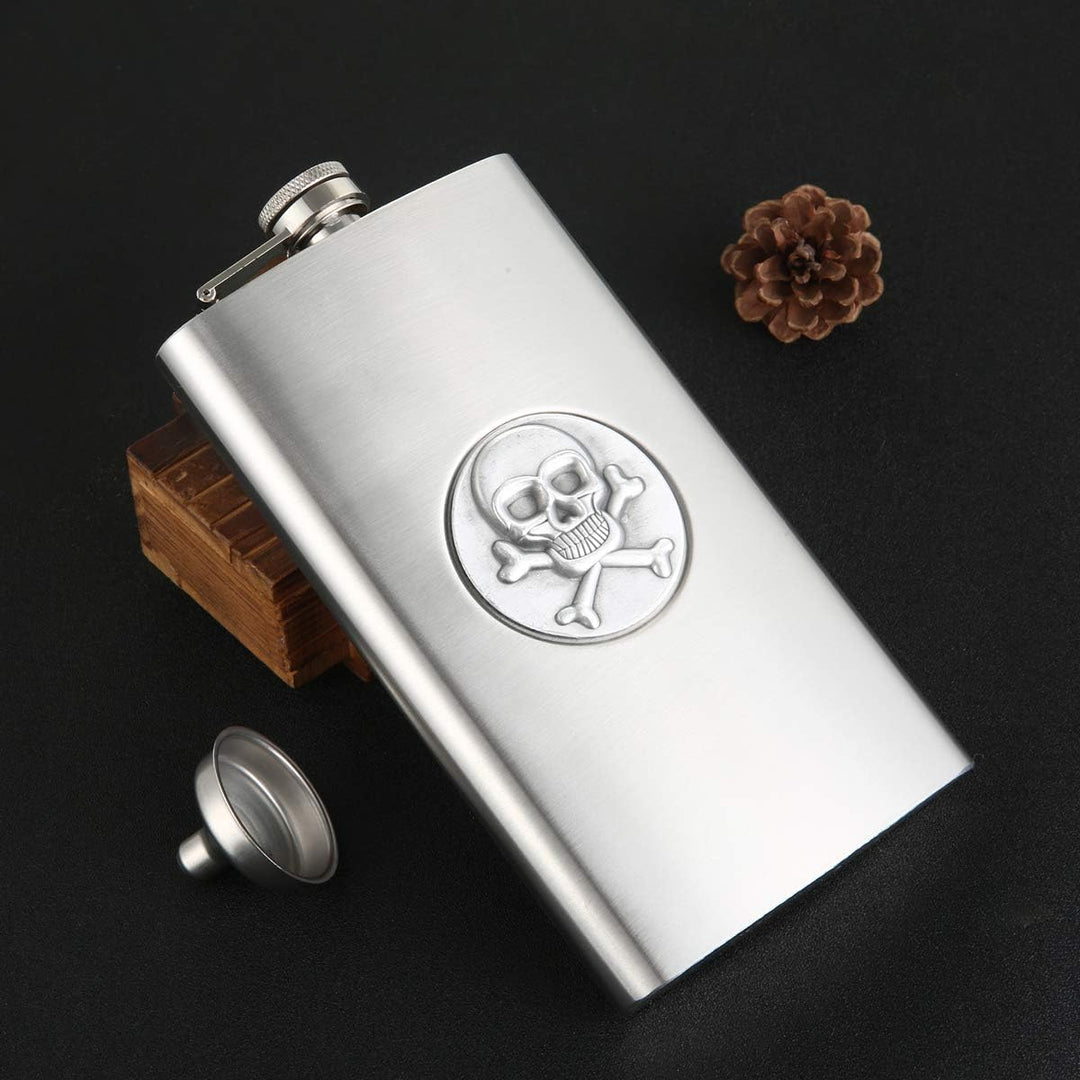 TANEAXON Flachmann mit Totenkopf-Muster, 340 ml, mit Trichter und Box, Edelstahl, auslaufsicher 12 o