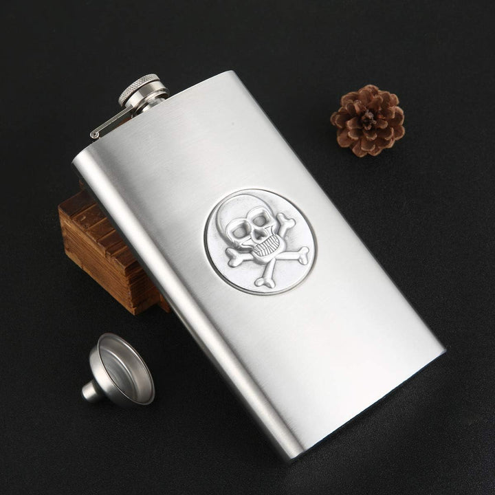 TANEAXON Flachmann mit Totenkopf-Muster, 340 ml, mit Trichter und Box, Edelstahl, auslaufsicher 12 o