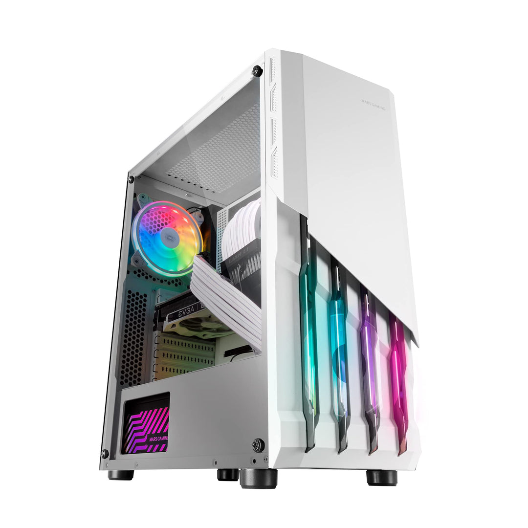 MarsGaming MC-X2 Weiss, PC Gaming ATX Gehäuse, FRGB Stahlfront, 2 Lüfter 12cm FRGB, Volles Seitenfen