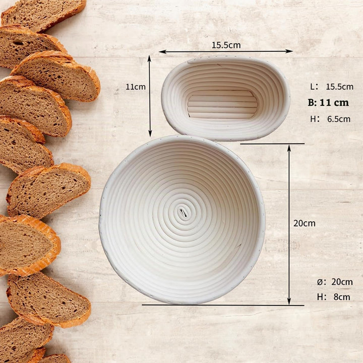 Gärkörbchen Rund und Oval, Gärkörbe aus Rattan zum kreativen Brotbacken inkl. Leineneinlage, Brotsch