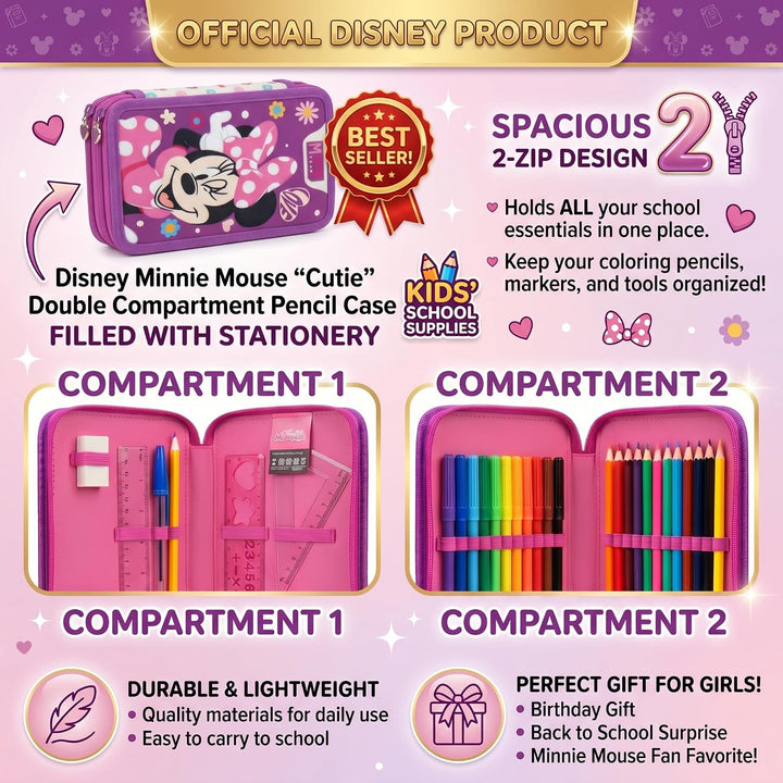 Disney Minnie Mouse Federmäppchen mit 2 Fächern, gefüllt mit Schreibwaren für Kinder | Schulbedarf m