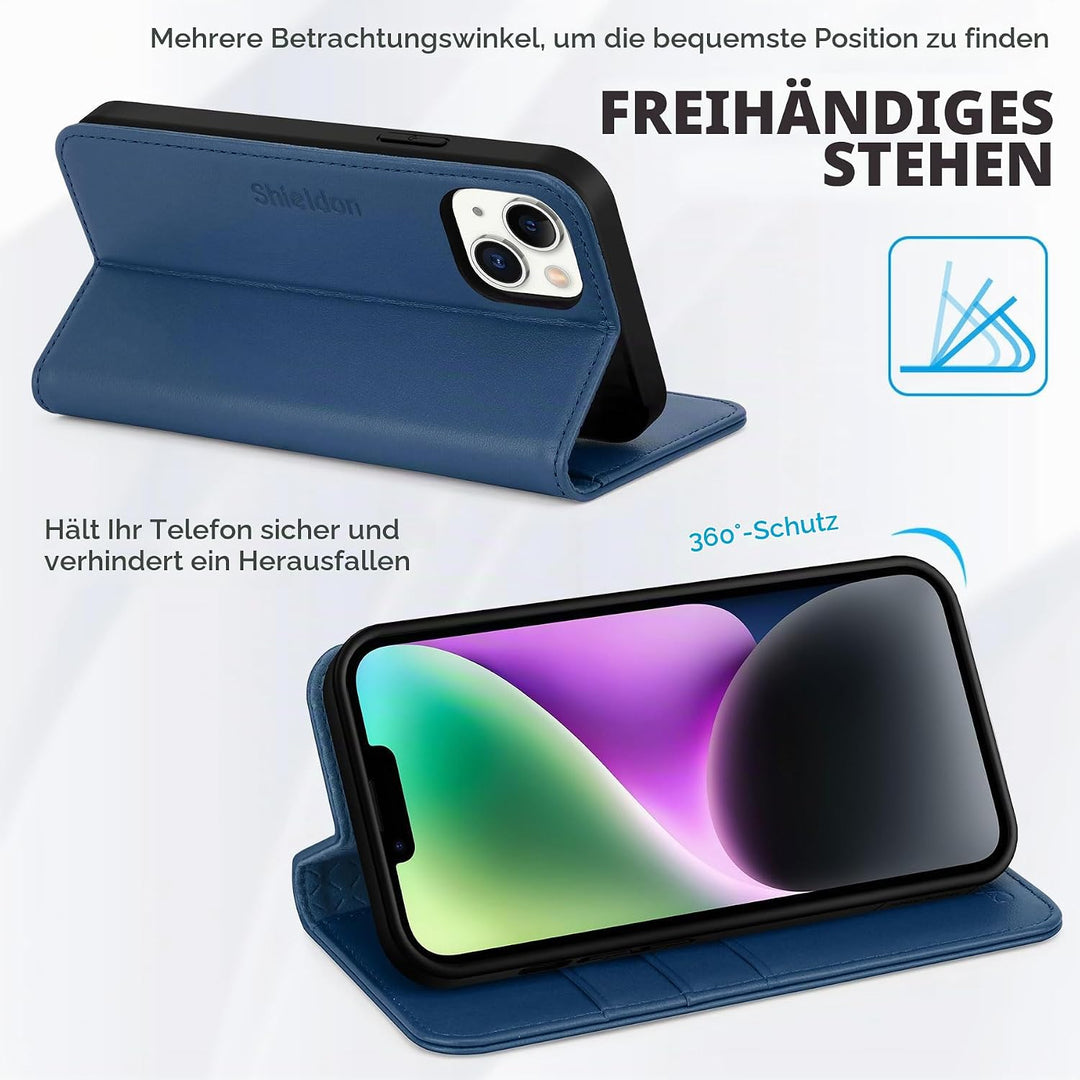 SHIELDON Hülle für iPhone 14 Schutzhülle [Rindsleder] [Stossfest ] [Standfunktion] [Kartenfach] TPU