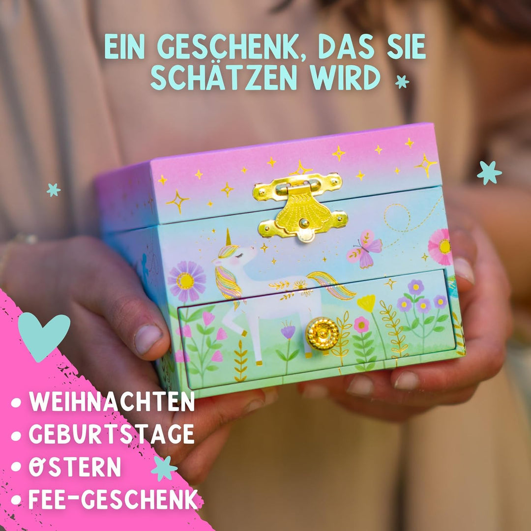 Musikalisches Einhorn-Schmuckkästchen für Mädchen – Kinder tanzende Einhorn-Spieluhr mit Spiegel, Ei