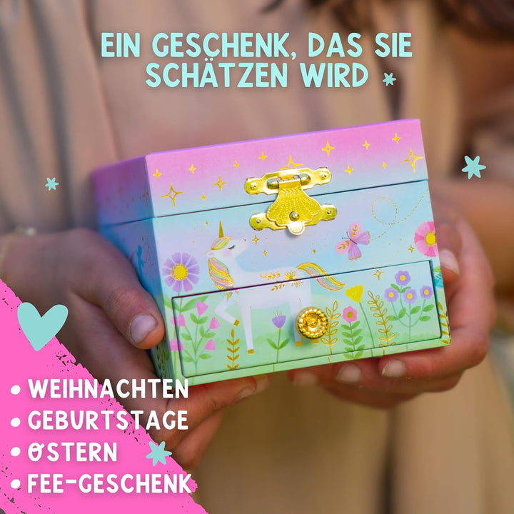 Musikalisches Einhorn-Schmuckkästchen für Mädchen – Kinder tanzende Einhorn-Spieluhr mit Spiegel, Ei