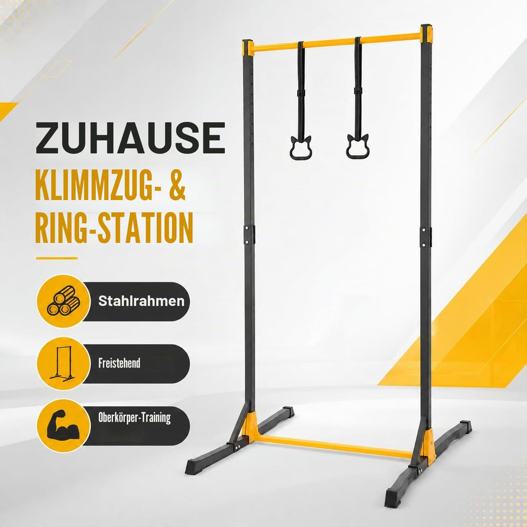 Reckstange Klimmzugstange Turnstange, Trainingsgerät Power Tower Klimmzugstation mit 2 Ringen, 11 St