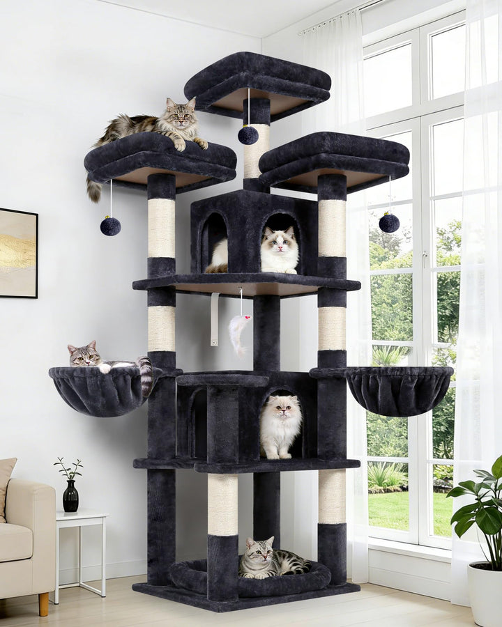 Globlazer Kratzbaum Stabil 174 cm mit 3 Gepolsterte Sitzstangen, 2 Katzenhaus, 2 Korb, Abnehmbares H