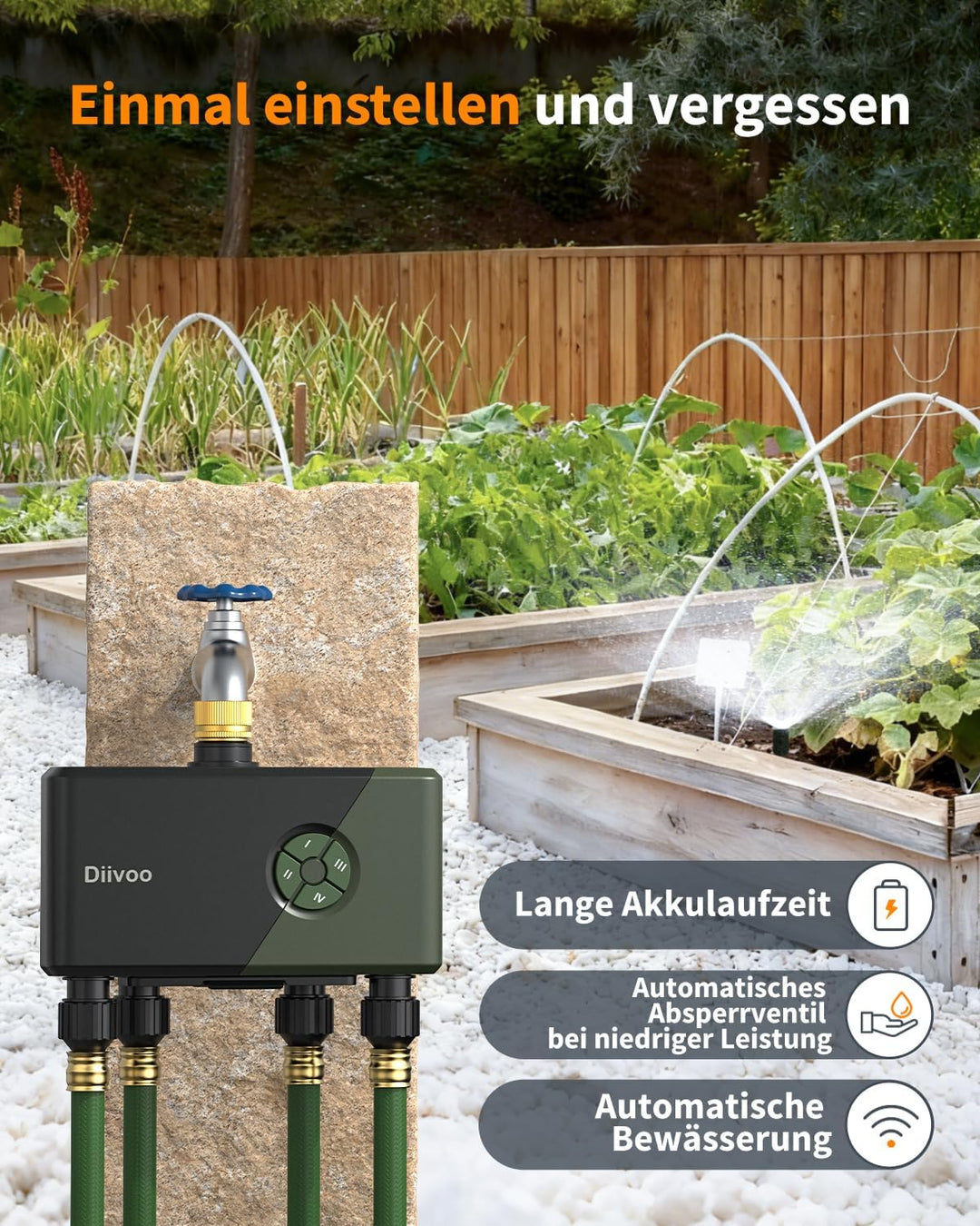 Diivoo WLAN Bewässerungscomputer 4 Ausgänge, Wasserzeitschaltuhr Gartenbewässerungssystem, Zeitschal