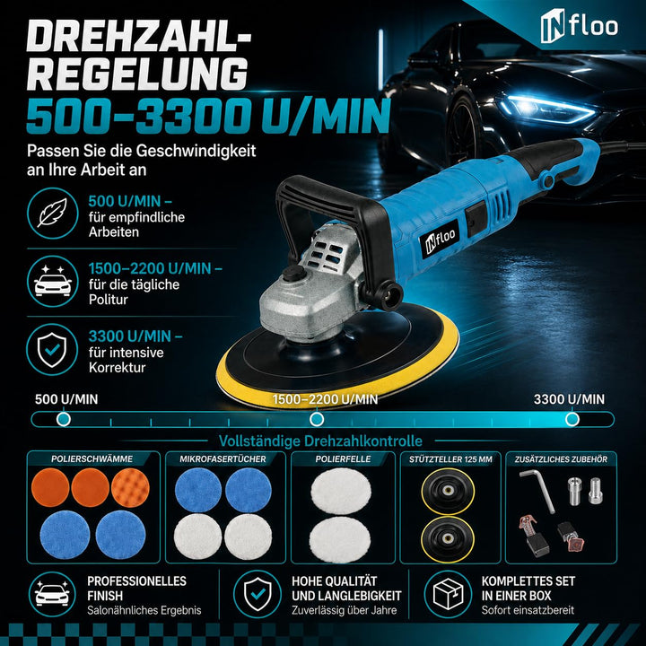 Rotations Poliermaschine 1580W – Auto Polierer 125mm, 500–3300 U/min, Drehzahlregelung, Poliermaschi