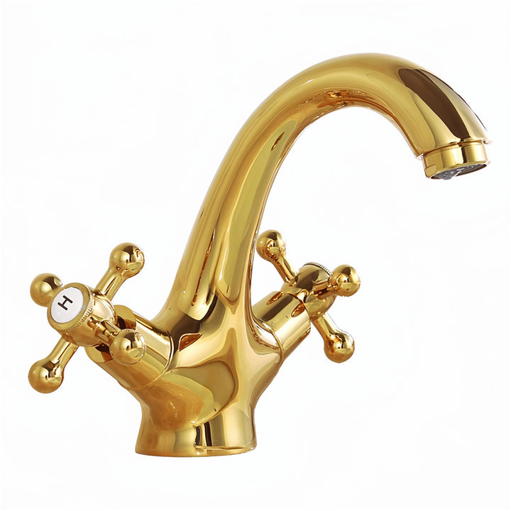 Wasserhahn Armatur Bad Zweigriff Gold, Waschtischarmatur Messing mit Kreuzgriff, Mischbatterie Badez