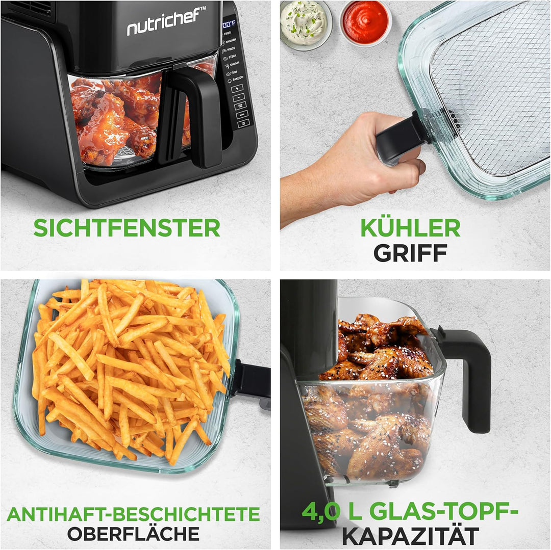 Nutrichef Heissluftfritteuse + Elektrogrill, 4L Airfryer mit Sichtfenster bis 360°C, 7 Programme, An