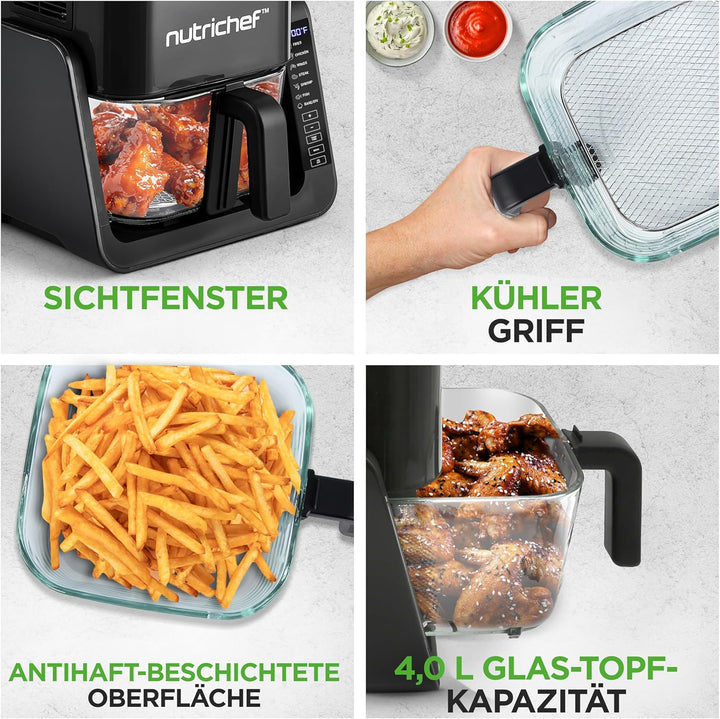 Nutrichef Heissluftfritteuse + Elektrogrill, 4L Airfryer mit Sichtfenster bis 360°C, 7 Programme, An