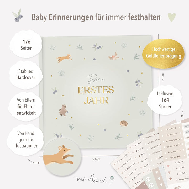 mintkind® Mein erstes Jahr Babyalbum Pattern Salbei – sanftes Babytagebuch mit 176 Seiten und Sticke
