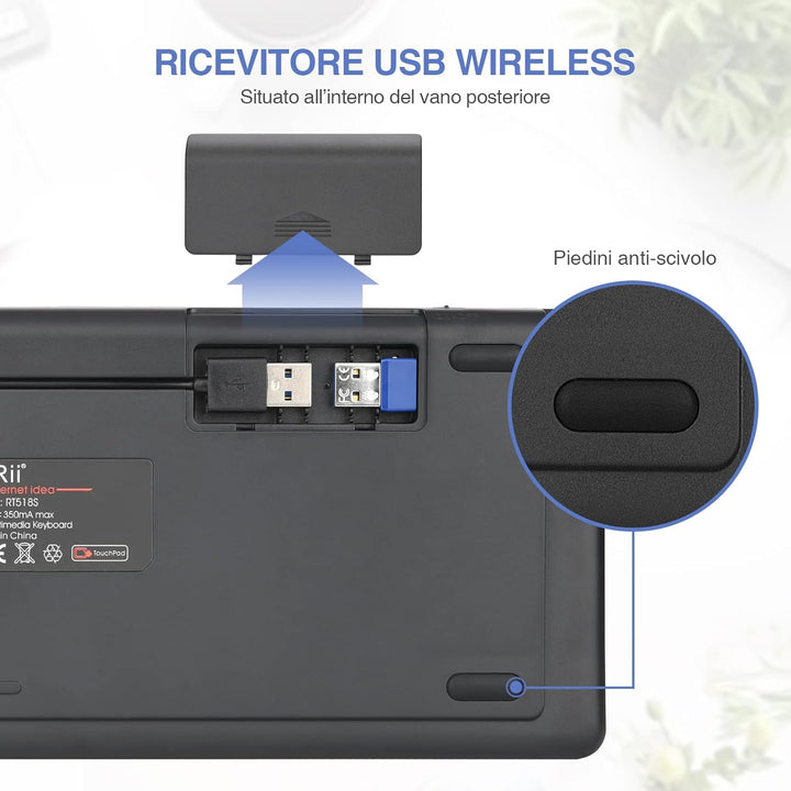 Rii Mini i18S Wireless + Bluetooth Kompakte Tastatur mit grosser Maus Touchpad und LED-Hintergrundbe