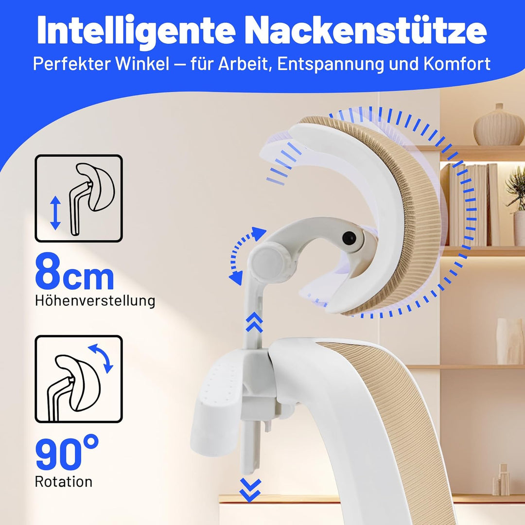 Bürostuhl Ergonomisch mit Kopfstütze, Verstellbarer Lendenwirbelstütze & Netzbespannung, Höhenverste