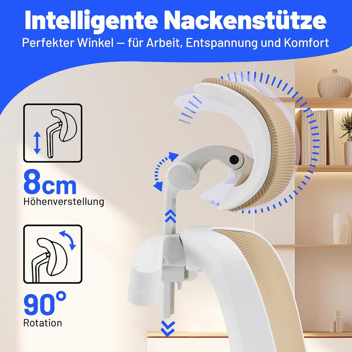 Bürostuhl Ergonomisch mit Kopfstütze, Verstellbarer Lendenwirbelstütze & Netzbespannung, Höhenverste