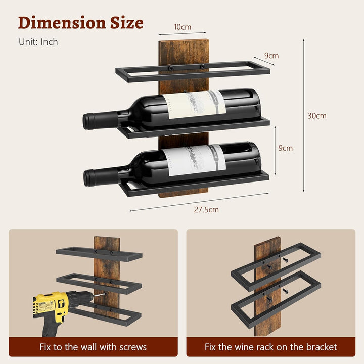 FAVOOSTY Weinregal Wand, Flaschenhalter, Flaschenregal mit 3 Ebenen, Metall Weinregal Bohlen Hängend