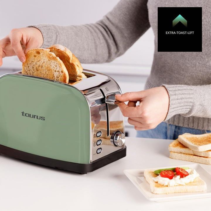 Taurus – Toaster Vintage II Olive, 950W, 2 kurze Schlitze, 7 Stufen, 3 Funktionen, Edelstahl, Zentri