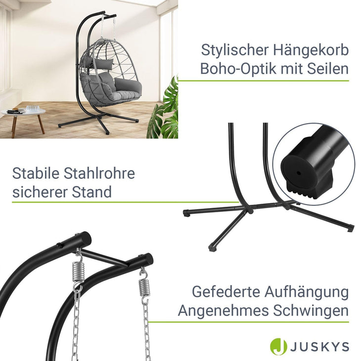Juskys Doppelhängesessel Aria - Polyrattan Hängesessel mit Gestell & Kissen - Schaukel für Zwei Pers