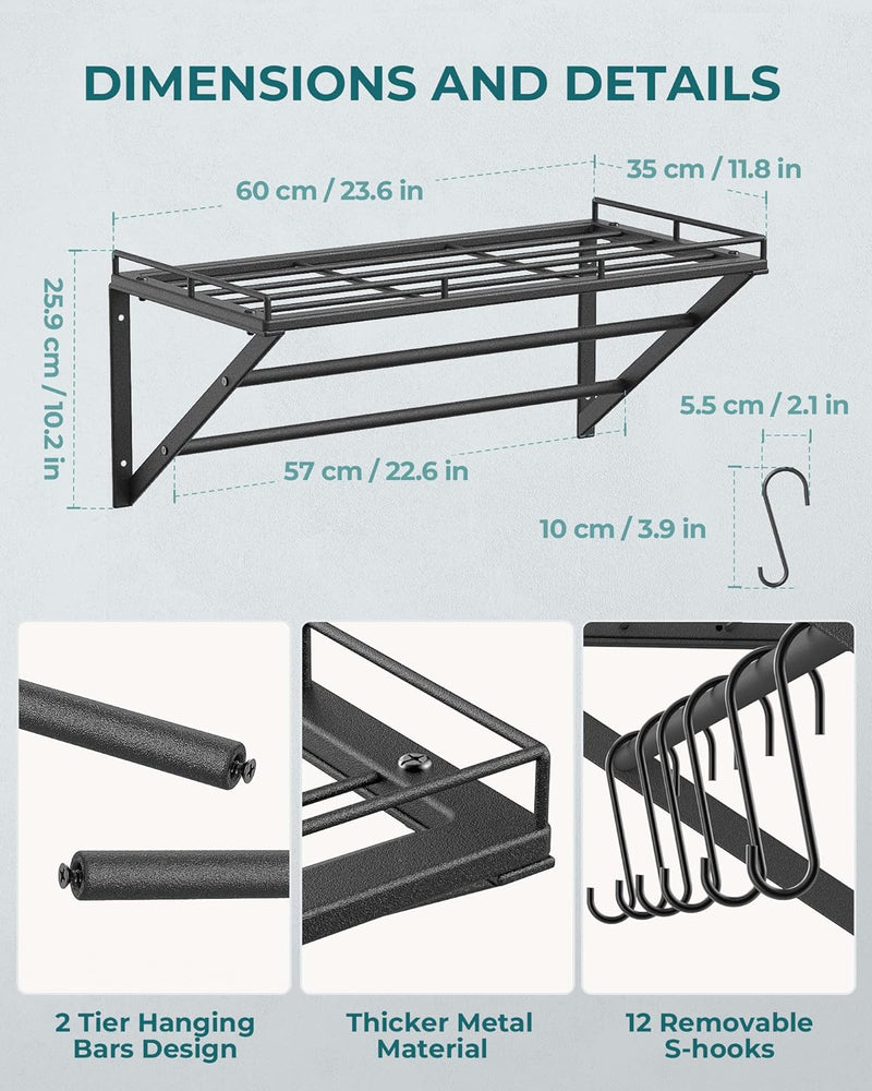 OROPY Topf-Rack, 3-Schicht Eisen Küchenregal Wandmontage, Pfannenhalter mit 12 Haken, 60 * 29.5 * 24