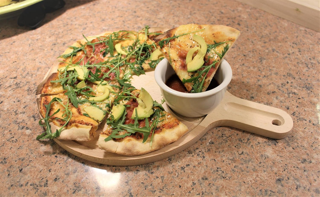 EFO Pizzabrett 30 cm | Pizzateller Holz aus massivem Buchenholz für Pizzaofen und Grill | Schneidebr
