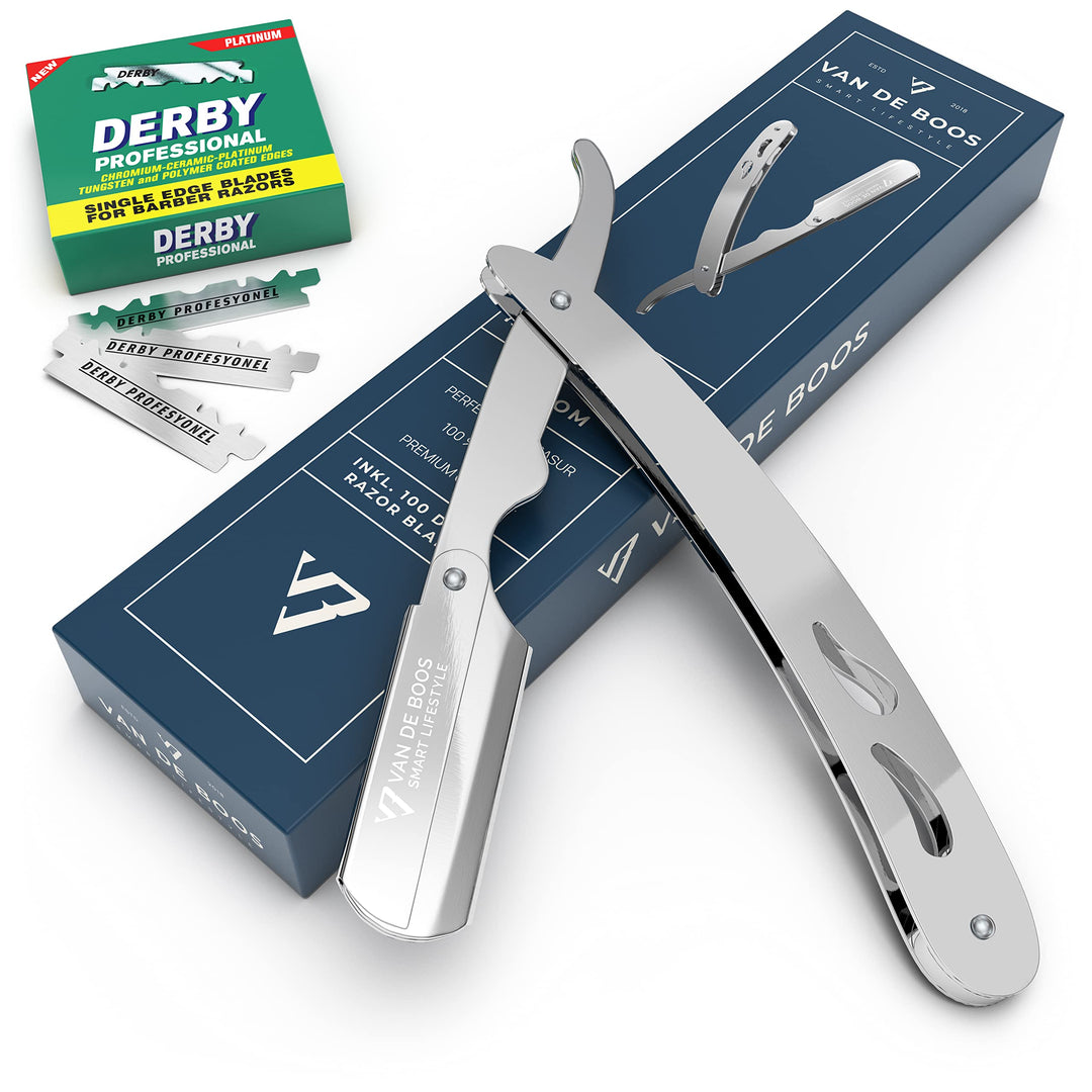 Van De Boos® Rasiermesser-Set mit 100 Derby Wechselklingen - Hochwertiges Edelstahl Bartmesser mit e