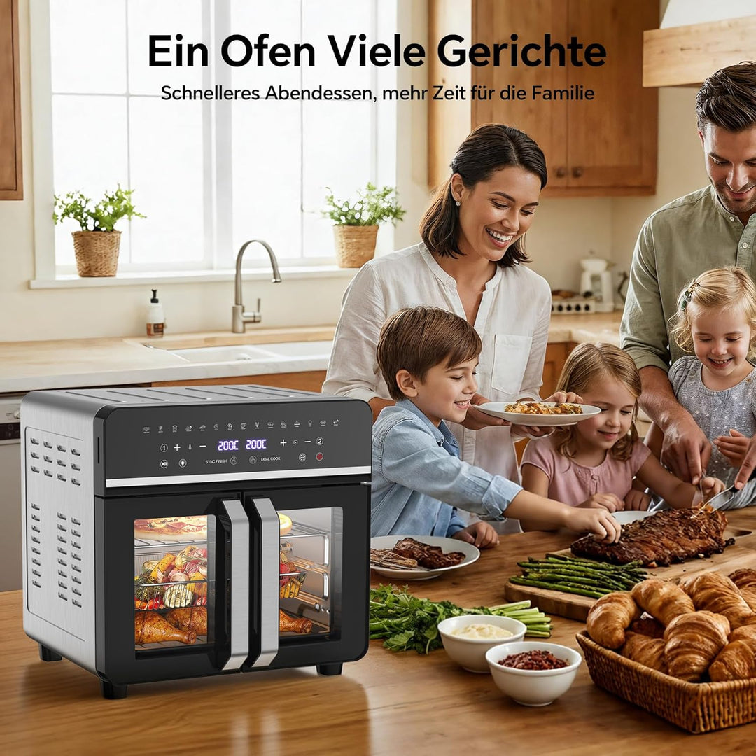 Heissluftfritteuse 23L XXL Mini Backofen mit Französischen Türen, 2600W Air Fryer Dual Zone mit Smar