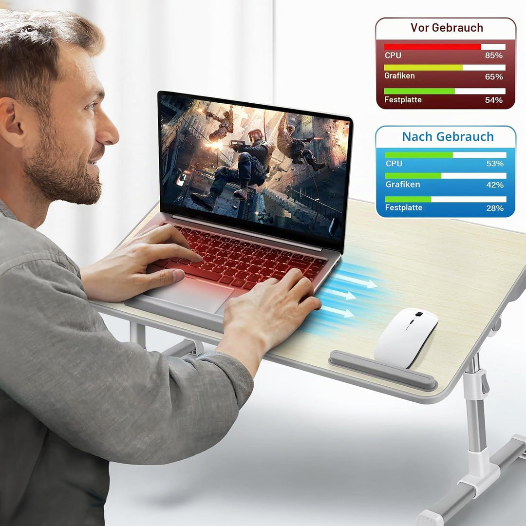 Laptoptisch fürs Bett, Höhenverstellbar, Winkelverstellbar, Betttisch Klappbar mit Laptop Kühler, Sc