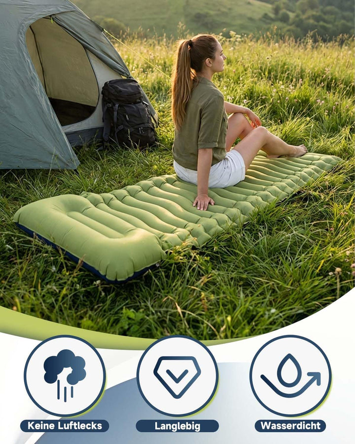 Isomatte Camping,Ultraleichte Isomatte Aufblasbar mit Integriertem Kissen & Fusspumpe, Kompakte Camp