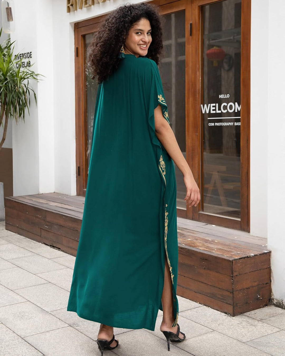 Bsubseach Damen Stickerei Kurzarm Bikini Strandkleid Side Split Beach Kaftan Kleid, S-Dunkelgrü