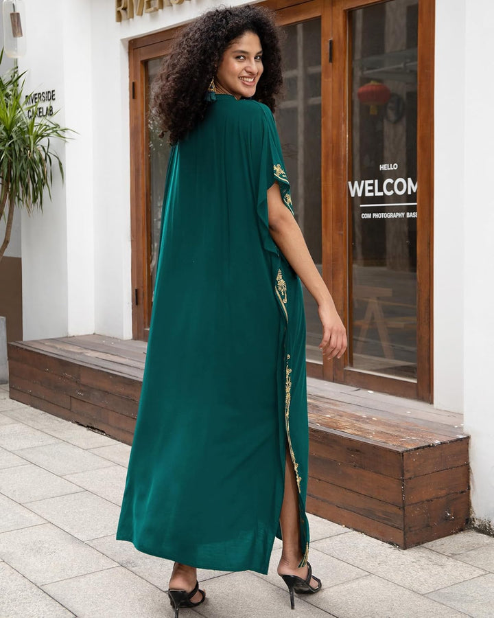 Bsubseach Damen Stickerei Kurzarm Bikini Strandkleid Side Split Beach Kaftan Kleid, S-Dunkelgrü