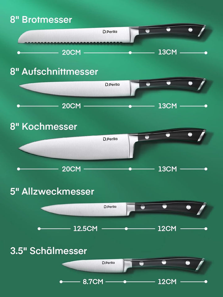 D.Perlla Messerblock Set, 6 teilig Messerset mit Holzblock, Kochmesser Set mit Scharfe Klingen, Edel