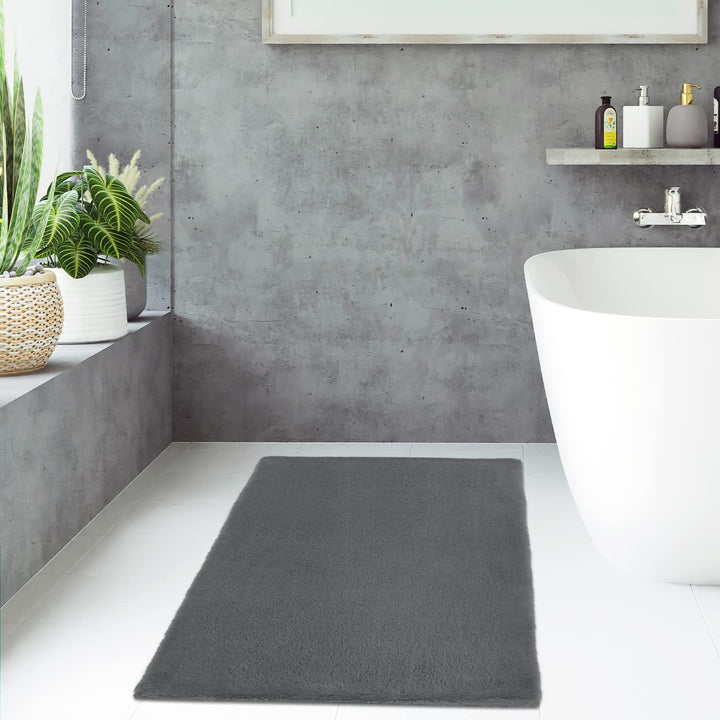 payé Badezimmerteppich Hochflor Bad - Dunkel Grau - 40x60cm - kuschelig weich - waschbar - Badematte