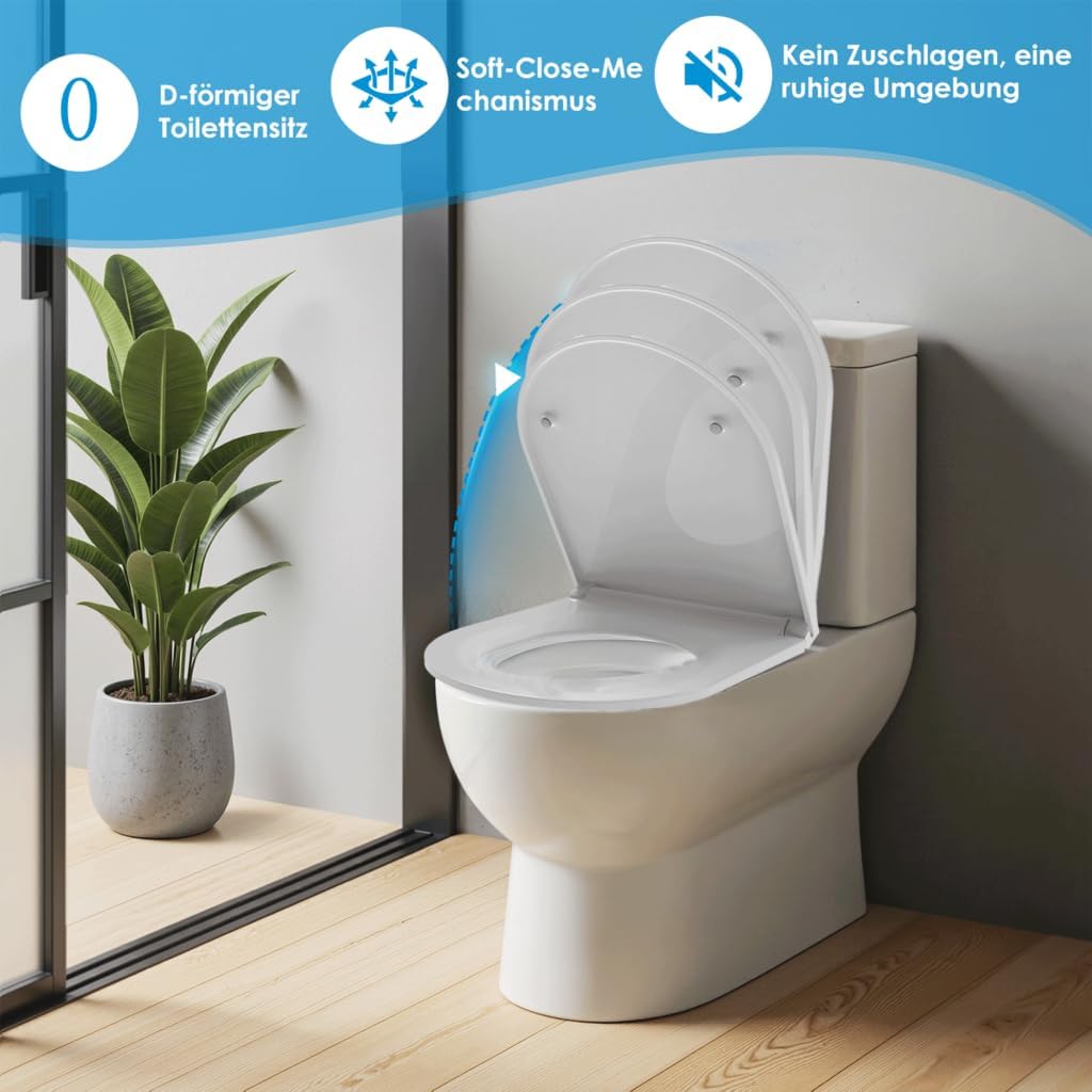 Duroplast WC-Sitz D-Form mit Absenkautomatik, Edelstahlscharnier, One-Touch-Schnellverschluss und ei