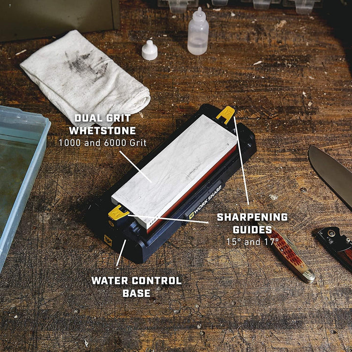 WORK SHARP® Whetstone Knife Sharpener - doppelseitiger Abzieh- & Wetz-Stein mit Halte-Wanne - Messer