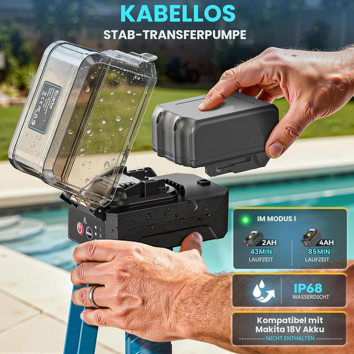 Ecarke Akku-Regenfasspumpe kompatibel mit Makita 18V – Fördermenge 3000 L/h, 8 m Förderhöhe, Auto-St