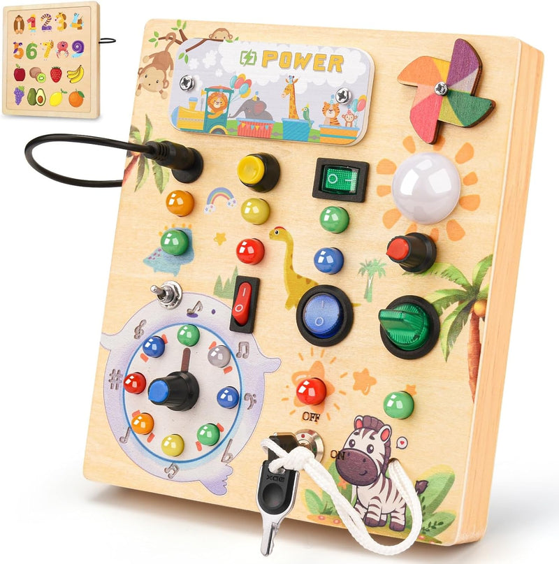 MILFECH Montessori Spielzeug Busy Board mit LED Lichtschalter Activity Board Holzspielzeug,17 LED Mo