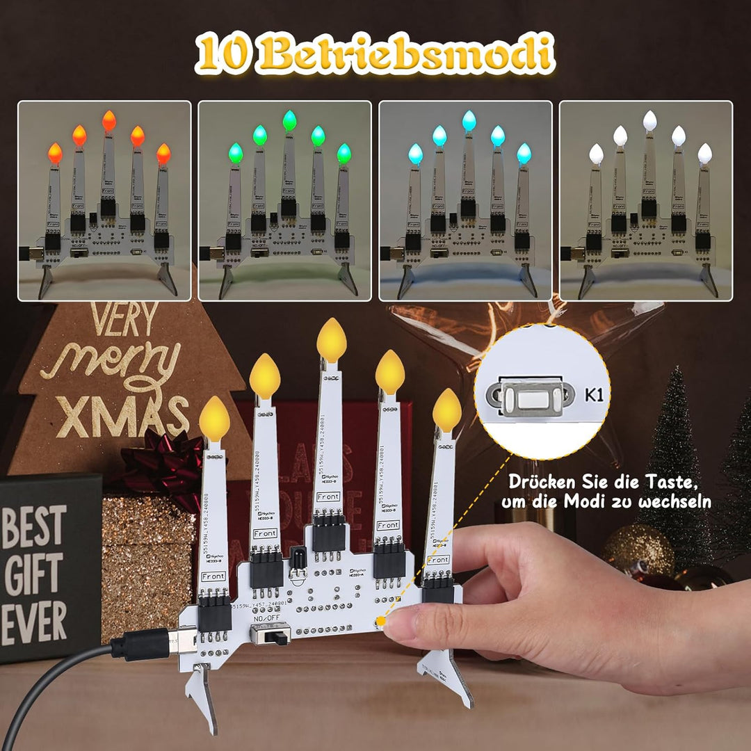 Löten Übungskit,Weihnachtskerzen Lichter 5 Kerzen Löt-Lernkit mit 10 Beleuchtungsmodi,Fernbedienung,